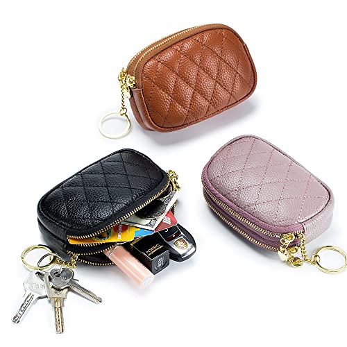 Genuine Leather Zip Mini Coin Purse w/Key Ring, Small 2 Zippered Change Pouch Wallet Women's Card Holder TASSINI (Purple)