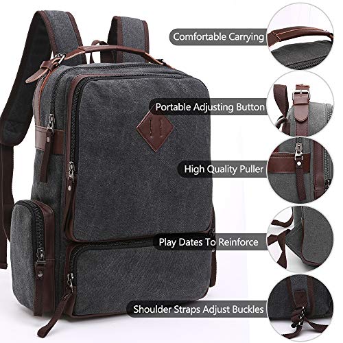 TELOSPORTS Vintage Backpack for Men Black Canvas Laptop School Backpack College Bookbag Multipurpose Travel Vegan Rucksack Daypack Computer Bag Fits