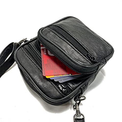 Small Leather Belt Pouch Fanny Purse With Belt Loop Mini Crossbody Shoulder Purse with Detachable Strap Leather Purse With Belt Clip Multi Zip Pockets for Cards,Coin, Key Black