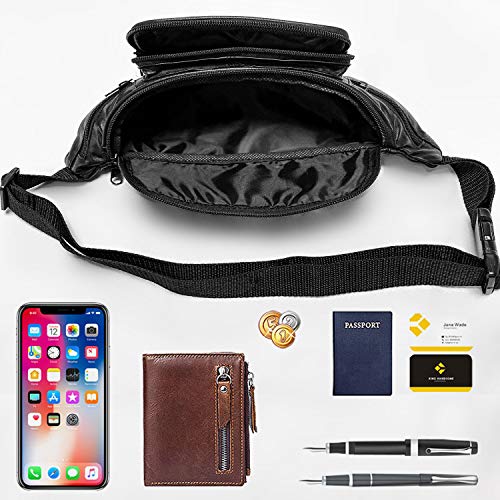 TASSINI TRENDS Travel Fanny Bag Leather Waist Pack for Hiking,Travel Sport,Running,Cycling with Adjustable Belt Black