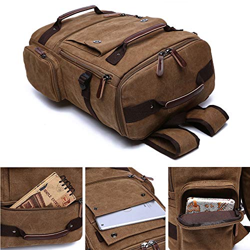 TELOSPORTS Vintage Canvas Fits 15.6 Inch Laptop Casual Bookbags Business Computer Bag Rucksack for Men Women Coffee