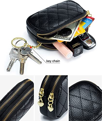 Women's Genuine Leather Coin Purse Mini Small 2 Zippered Pouch Change Wallet with Keychain（Yellow）