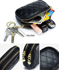 Women's Genuine Leather Coin Purse Mini Small 2 Zippered Pouch Change Wallet with Keychain（Yellow）