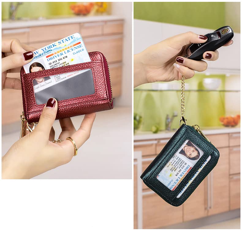 Credit Card Holder Real Leather Wallet, Zipper ID Window Card Cases Holder for Men Women Ladies, RFID Blocking, Cion Purse with Keychain