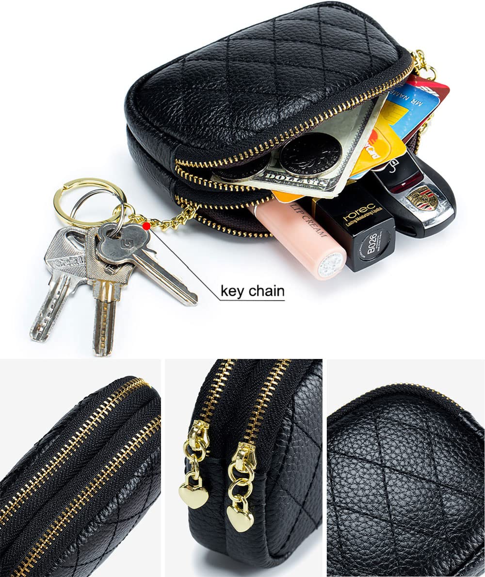 Genuine Leather Zip Mini Coin Purse w/Key Ring, Small 2 Zippered Change Pouch Wallet Women's Card Holder TASSINI (Black)