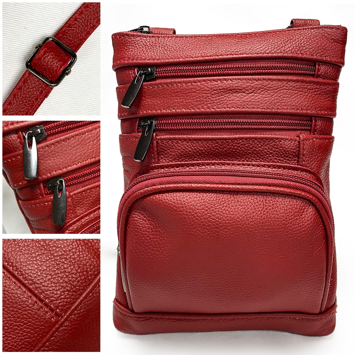 Real Leathers X-Large Crossbody Zippered Purse - 3 Front Pockets,2 back Pockets Shoulder bag for Women Adjustable Strap TASSINI (Red)