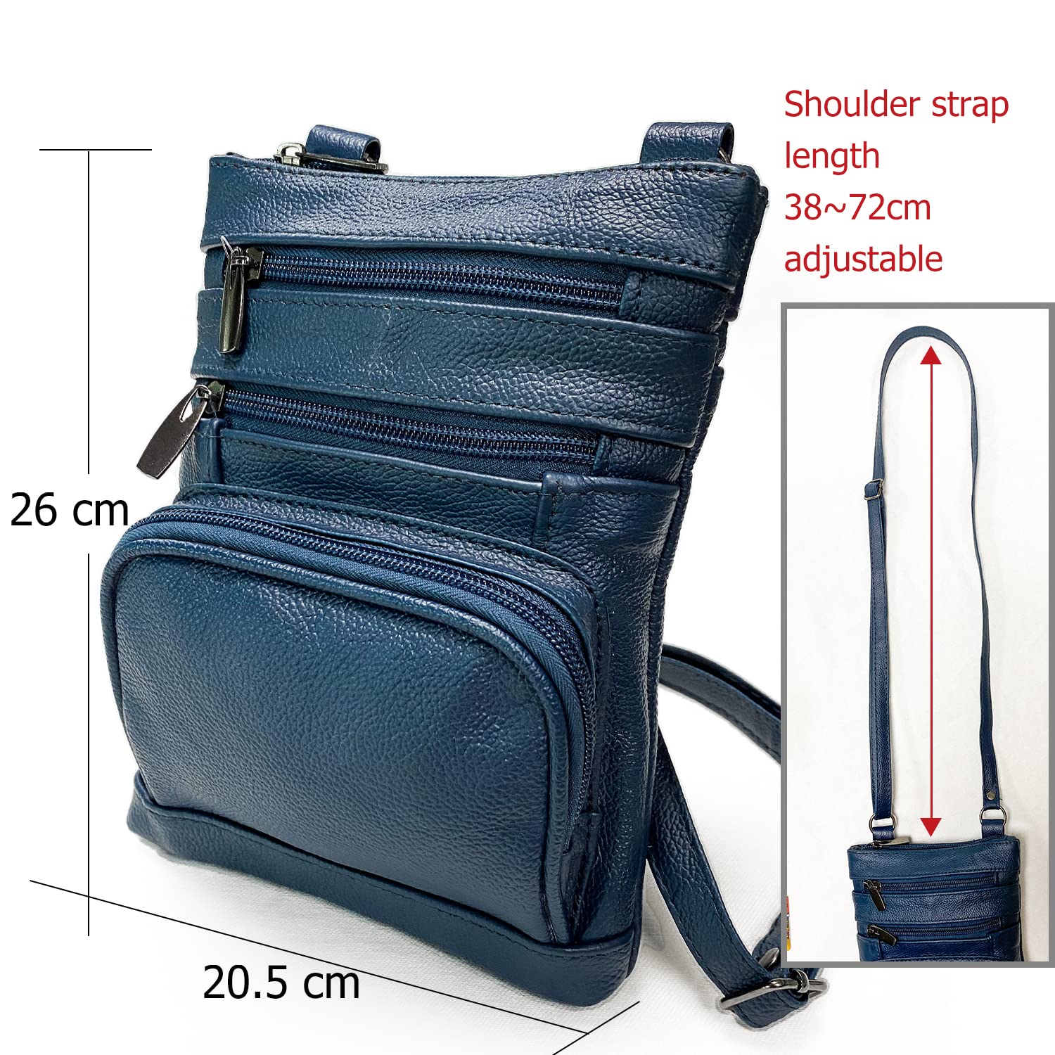 Real Leathers X-Large Crossbody Zippered Purse - 3 Front Pockets,2 back Pockets Shoulder bag for Women Adjustable Strap TASSINI (Blue)