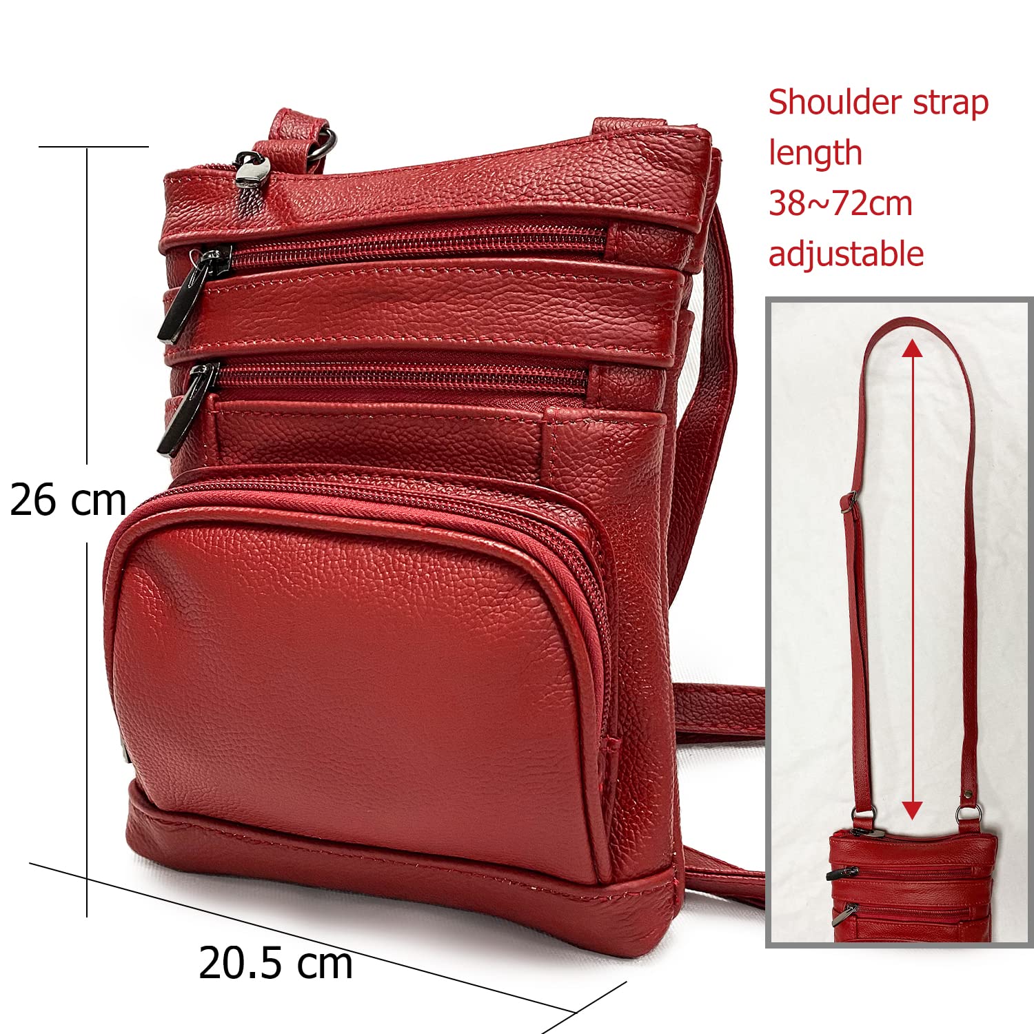 Real Leathers X-Large Crossbody Zippered Purse - 3 Front Pockets,2 back Pockets Shoulder bag for Women Adjustable Strap TASSINI (Red)